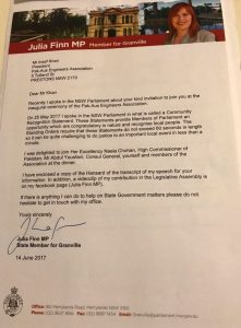 Letter from Julia Finn MP, Member for Granville, to the President of the PAK-AUS Engineers Association