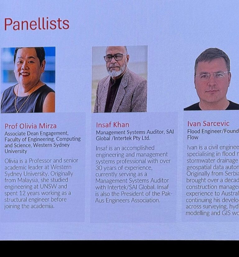 Panellists slide from the Sydney Migrant Engineers program, showing Prof Olivia Mirza, Insaf Khan and Ivan Sarcevic
